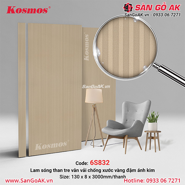 Tấm ốp lam 6 sóng than tre vân vải chống xước vàng đậm ánh kim 6S832